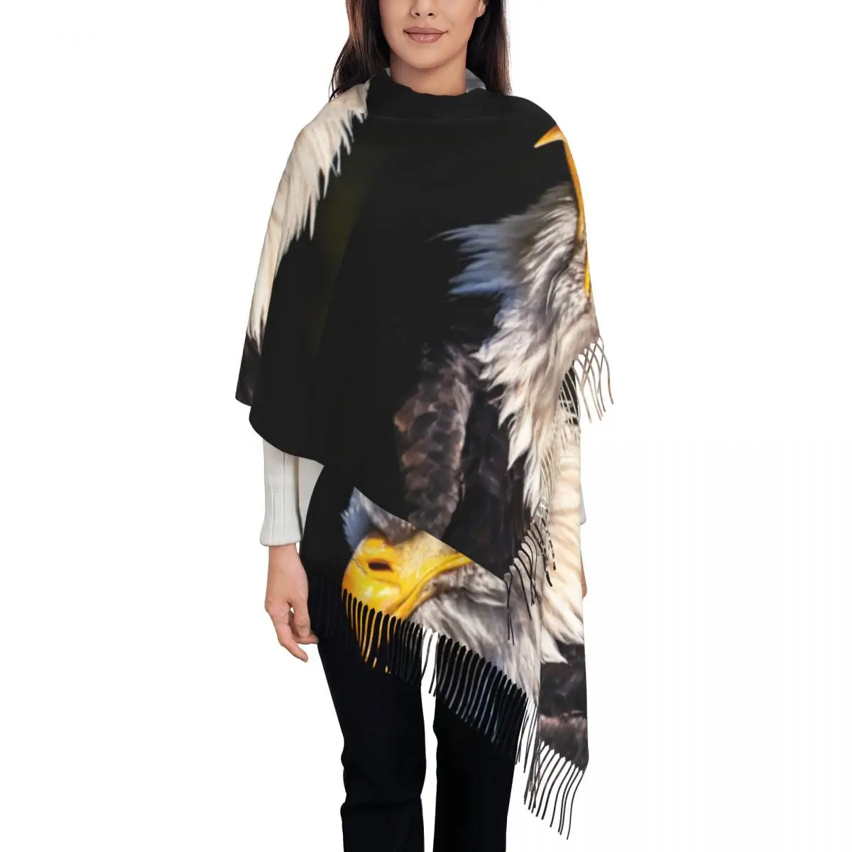 Bald Eagle Scarf Women Majestic USA Eagle Spirit Head Scarves with Tassel Autumn Luxury Brand Shawls and Wraps Bufanda Mujer