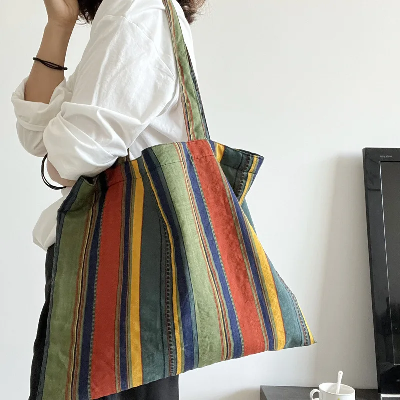 Vintage Color Rainbow Stripes Shoulder Bag Handbag Eco Reusable Capacity Girl Shopping Thin Cloth Bag Women Outdoor Travel Tote