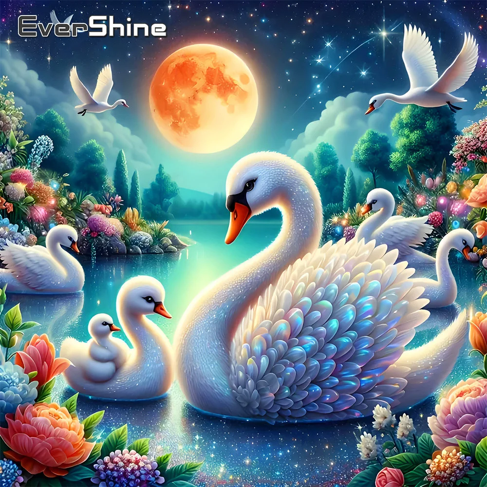 EverShine Tier-Diamant-Stickerei, Schwanenbild, Strass-Mosaik, Mondgemälde, Blume, geeignet für Anfänger, Heimdekoration