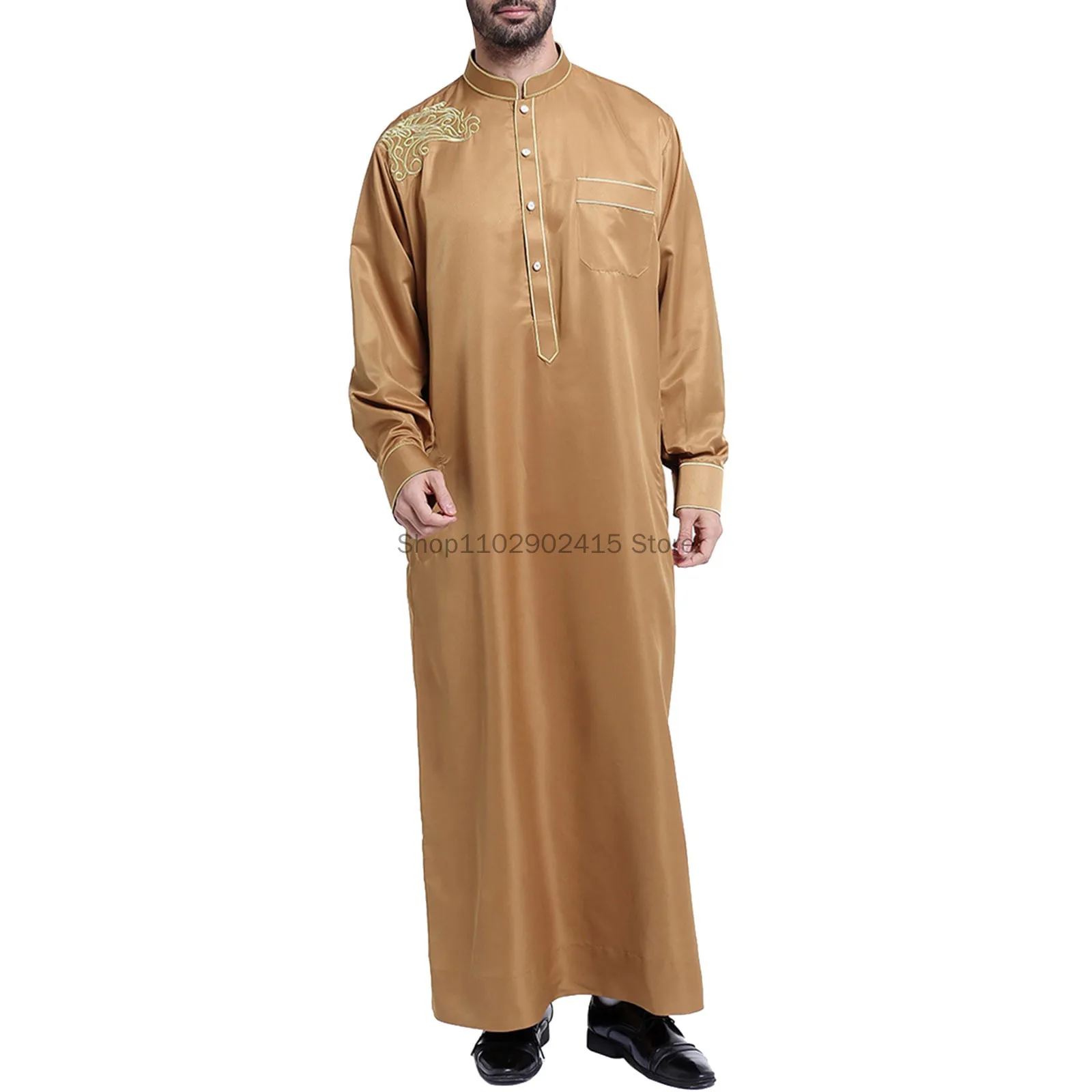 2023 Traditional Muslim Clothing Contrast Color Muslim Dress Middle East Jubba Thobe Men Robe Fashion Long Sleeves Mandarin Neck