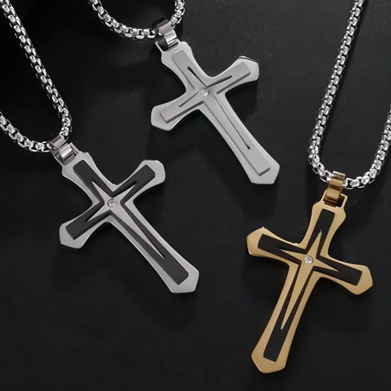 

Double Layer Diamond Cross Pendant Punk Hip Hop Simple Versatile Long Titanium Steel Necklace for Men and Women