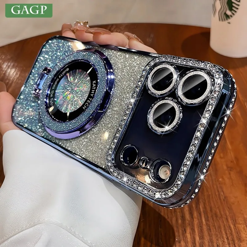 Glitter Magsafe Bracket Case for iPhone 17 16 15 11 12 14 13 Pro Max Plating Soft Bling Diamond Luxury Cover for iPhone 17 Air #1