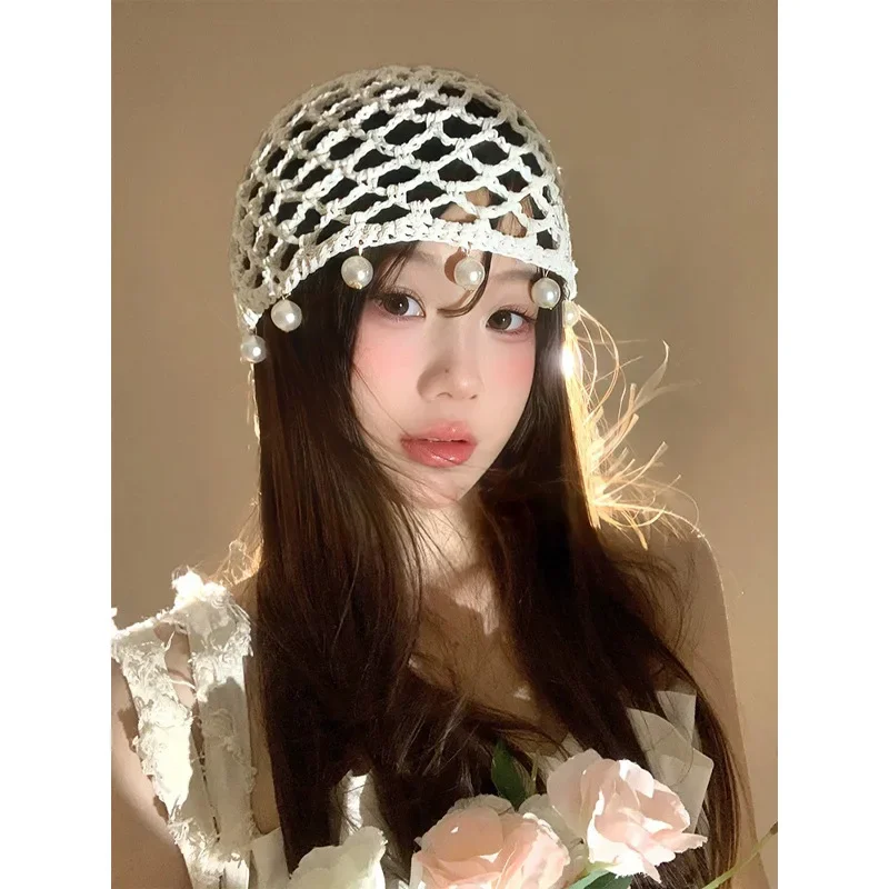 Removable Pearl Bow Hollow Hat Women's Sweet Cool Retro Knitted Wool Hat Versatile Bag Head Hat
