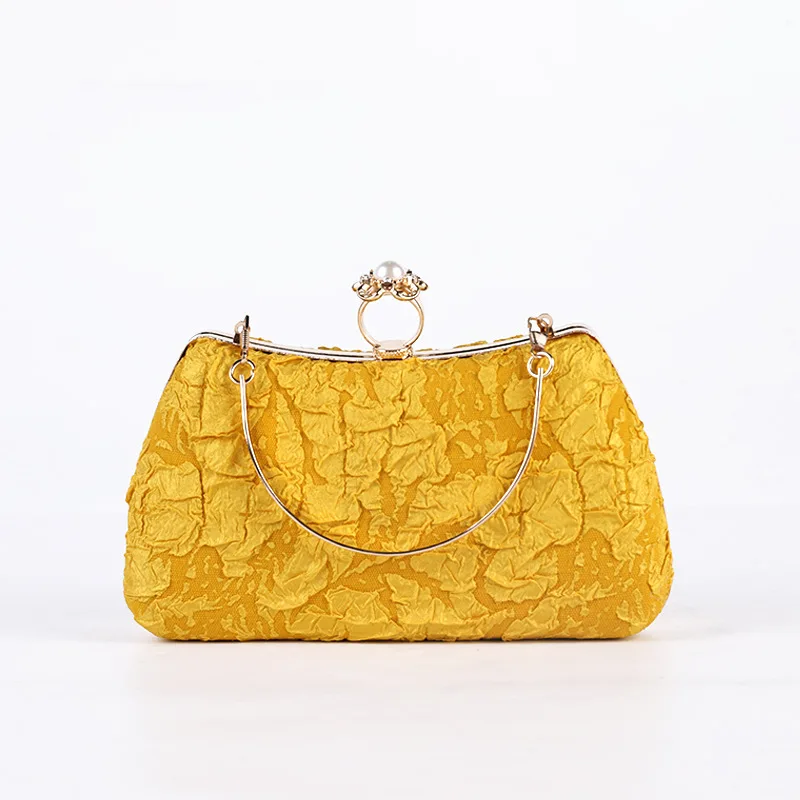 Vintage Jacquard Clutch Bags Women's Retro Yellow Wedding Party Evening Handbag Elegant Pleated Purse with Removable Handle