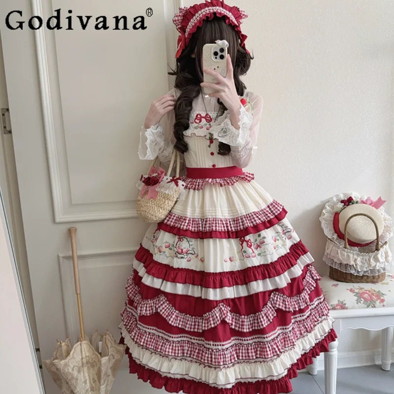 

Girl's Princess Sweet Lolita Long JSK Dress Women's High Waist Slimming Strawberry Print Ruffle Cla Dress Birthday Party Dress