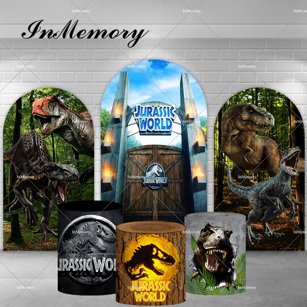 Custom Forest Jurassic Dinosaur Arch Backdrop Cover Boys Birthday Party Background Retro Wood Plinth Covers Photo Studio Kit