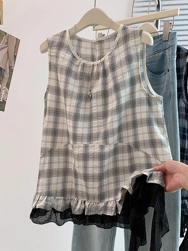 

Retro Lace Patchwork Plaid Sleeveless Pleated Shirt Women Summer New Korean Version round Neck Decorative Stitching Top