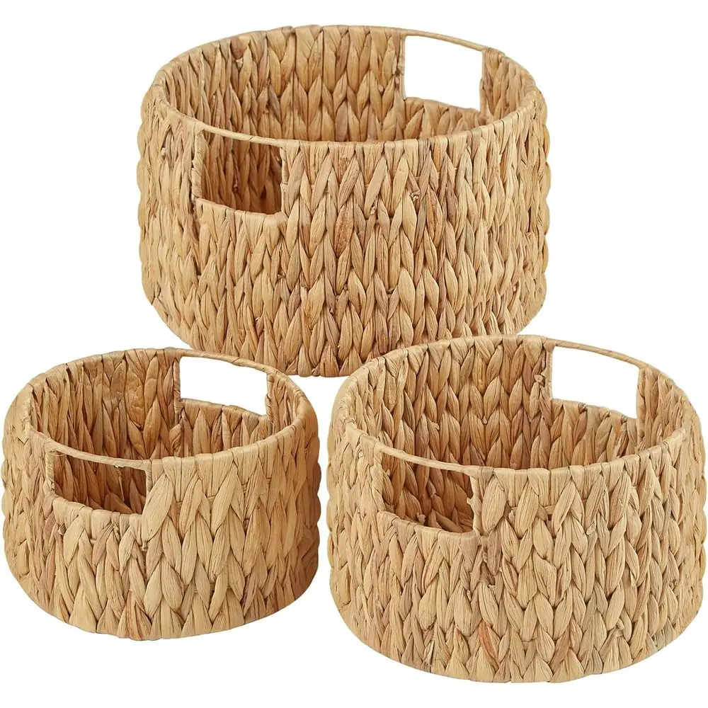 

Handcrafted Round Water Hyacinth Wicker Baskets with Handles, 3-Piece Set for Storage and Organization