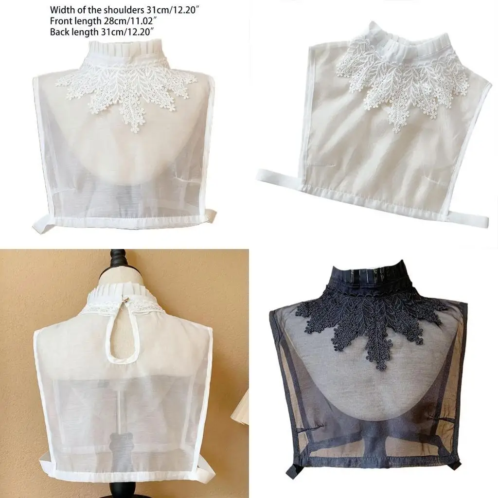 R1WE بلوزة نسائية أنيقة شفافة من الأورجانزا بياقة كاذبة قابلة للفصل مطرزة بأوراق دانتيل وحامل مكشكش نصف قميص ديكي