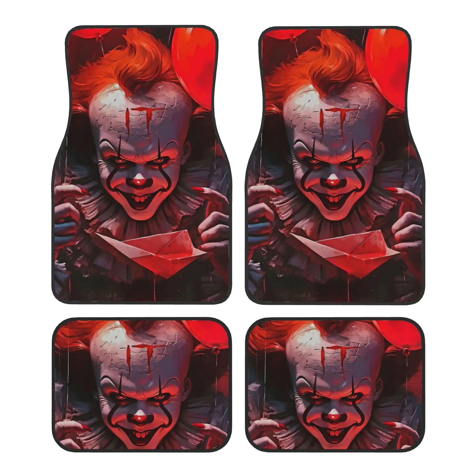 4pcs IT Pennywise Car Floor Mats - Pennywise Face Design With Red Eyes & Sharp Teeth, Durable All-Weather Floor Liners For Cars,