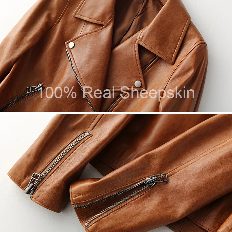 2024 Autumn Real Leather Jackets for Women Fashion Turn-down Collar Zipper Full Sleeve Women First Layer Sheepskin Jackets Coat