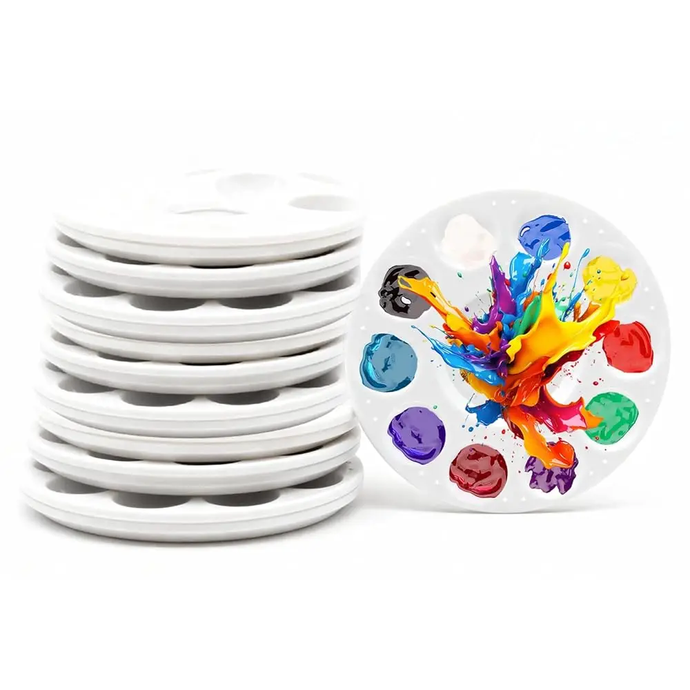 

Набор из 100 пластиковых круглых палитр для краски, 6,7 дюйма, белые, моющиеся, с 10 отсеками, оптом