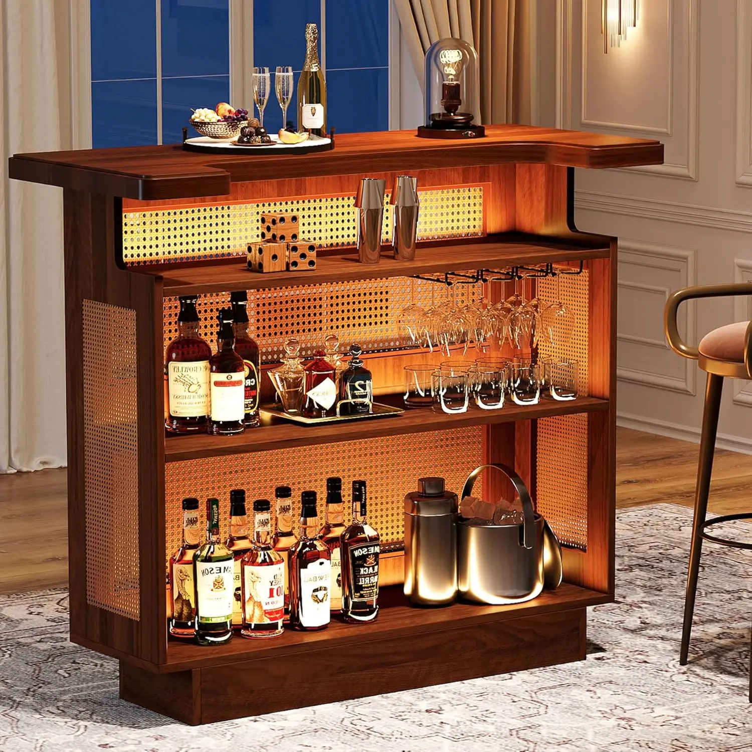 Rattan Home Bar Unit, Farmhouse 4-Tier Bar Table with 4 Stemware Racks and Heightened Base, Liquor Wine Bar Cabinet Mini Bar Tab