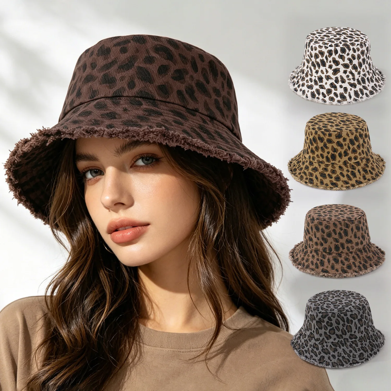 retro leopard print burr bucket hat women's summer outdoor mountaineering denim sun hat big brim sun hat
