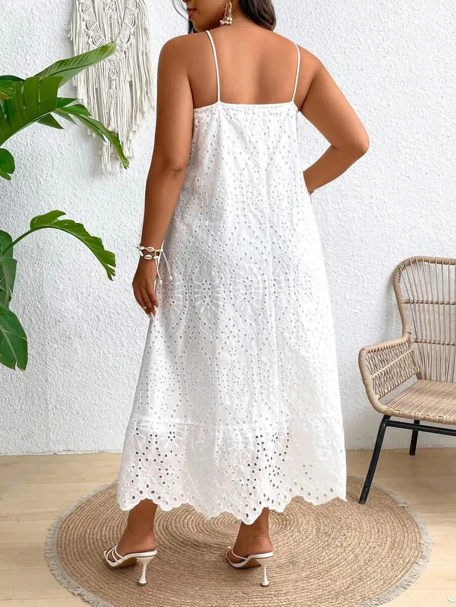 

White Eyelet Lace Bohemian Maxi Dress With Thin Straps Casual Summer Womens Dress