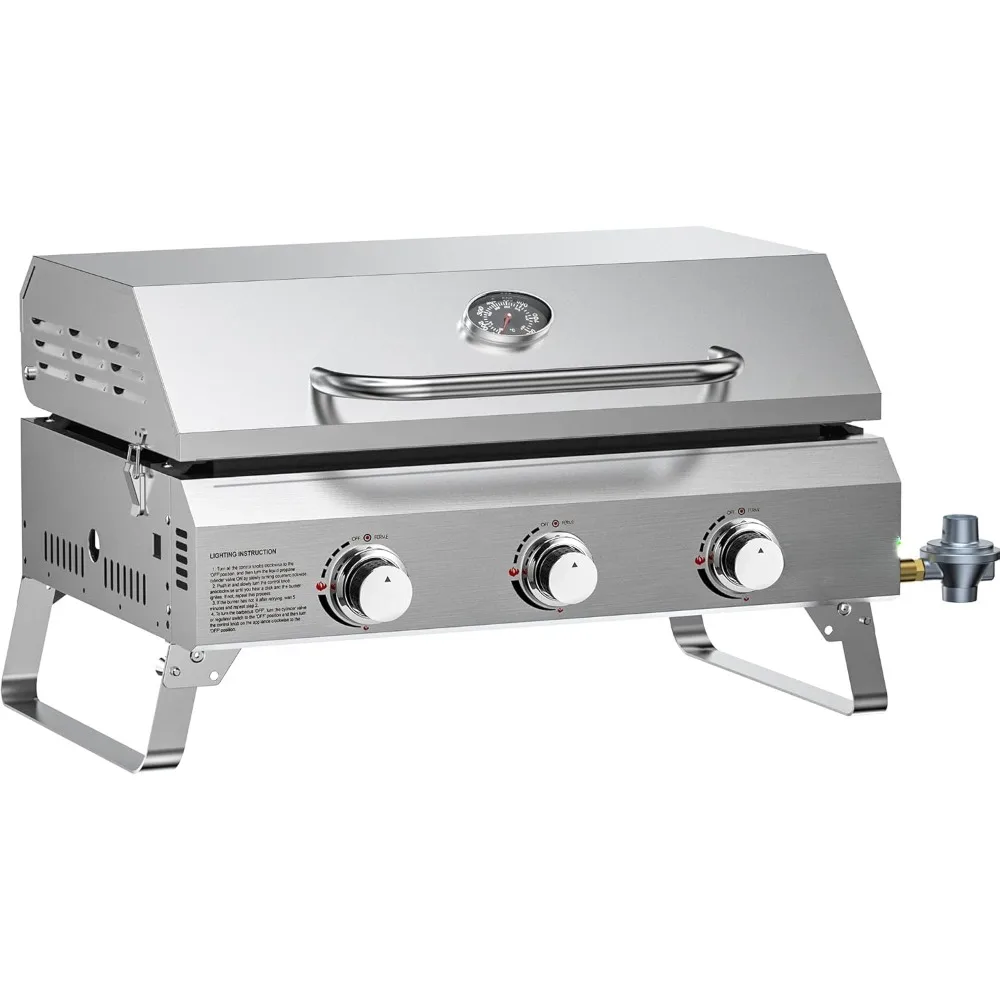 Flat-top gas grill, collapsible legs, 3-burner stainless steel propane gas grill, 24-inch portable tabletop grill