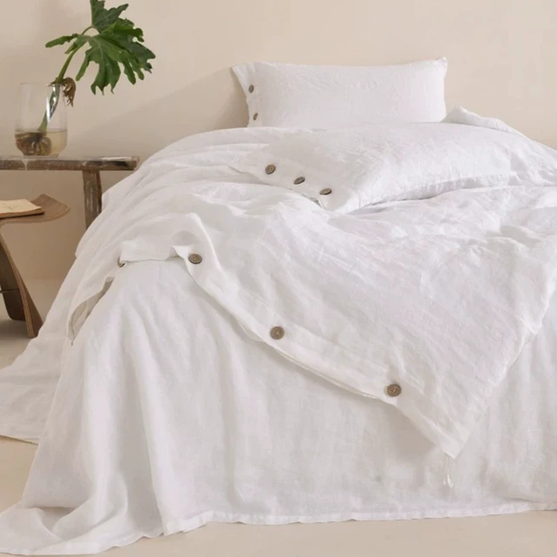 100% Linen Bedding Set (1 Sheet 1 Duvet Cover 2 Pillowcases) Breathable King Size with Coconut Button Comforter Quilt Cover Set