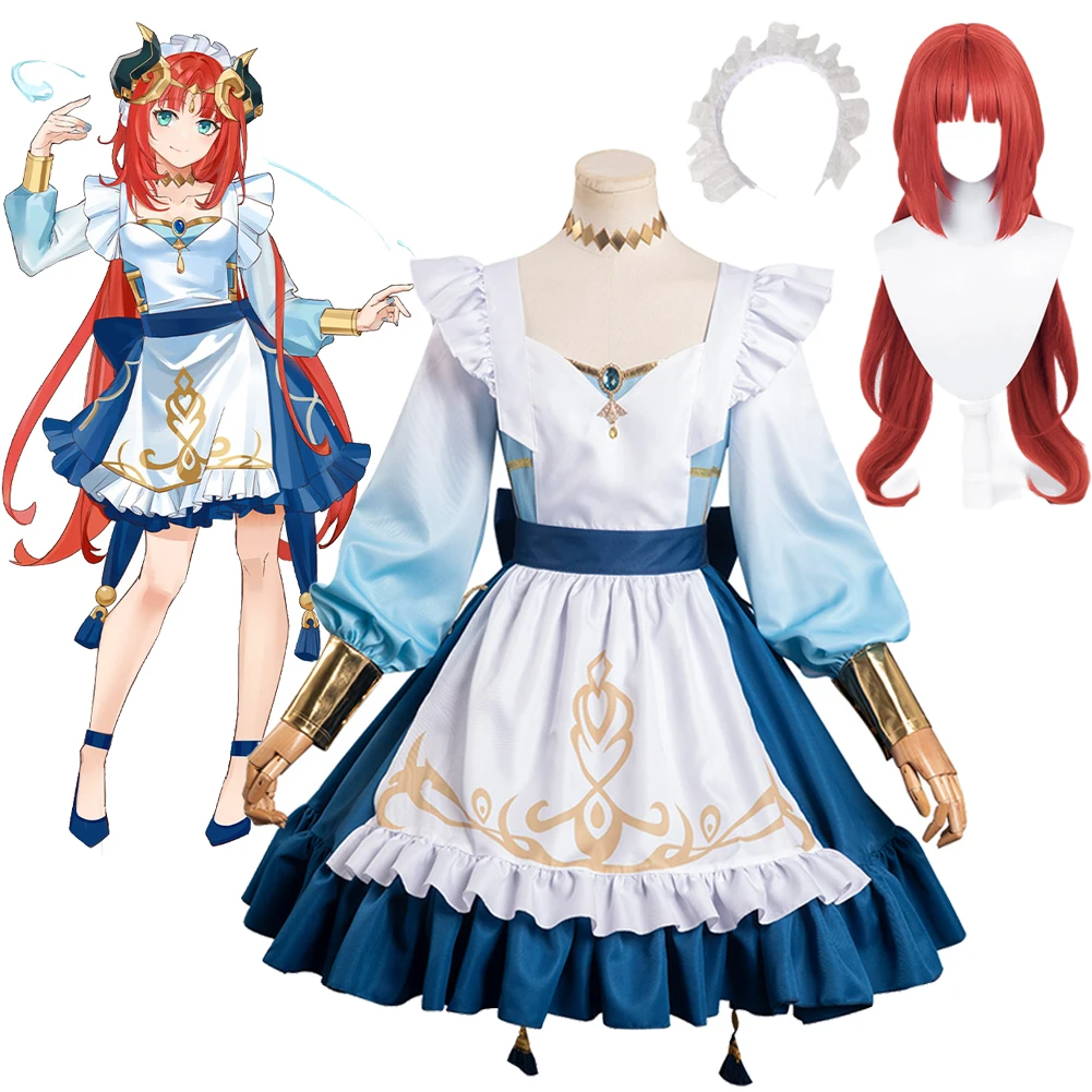 Nilou Cosplay Maid Jurk Vrouwen Kostuum Pruiken Anime Game Genshin Impact Rollenspel Fantasia Pak Vrouwen Halloween Carnaval Kleding