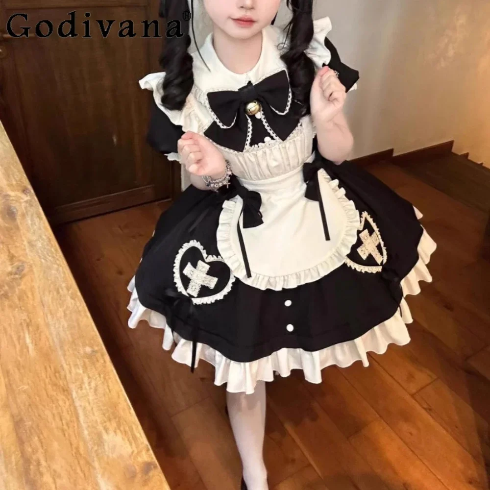 

French Sweet Cute Lolita Sexy Dress Waist Apron Elegant Maid Princess Fashion Bow Black Dresses