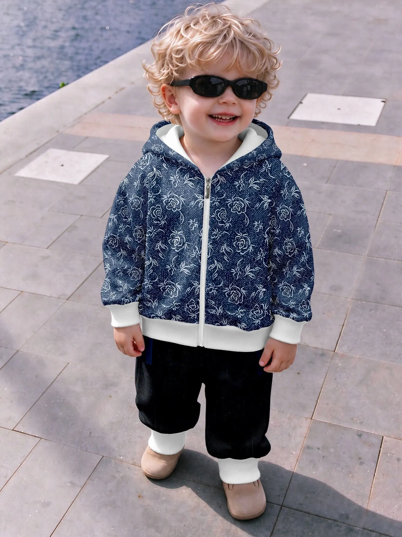 Infant Blue Abstract Lines Geometric Regular Fit Zip Hooded Sweatshirt and Pants Set Top without Pockets, Pants with Pockets Art