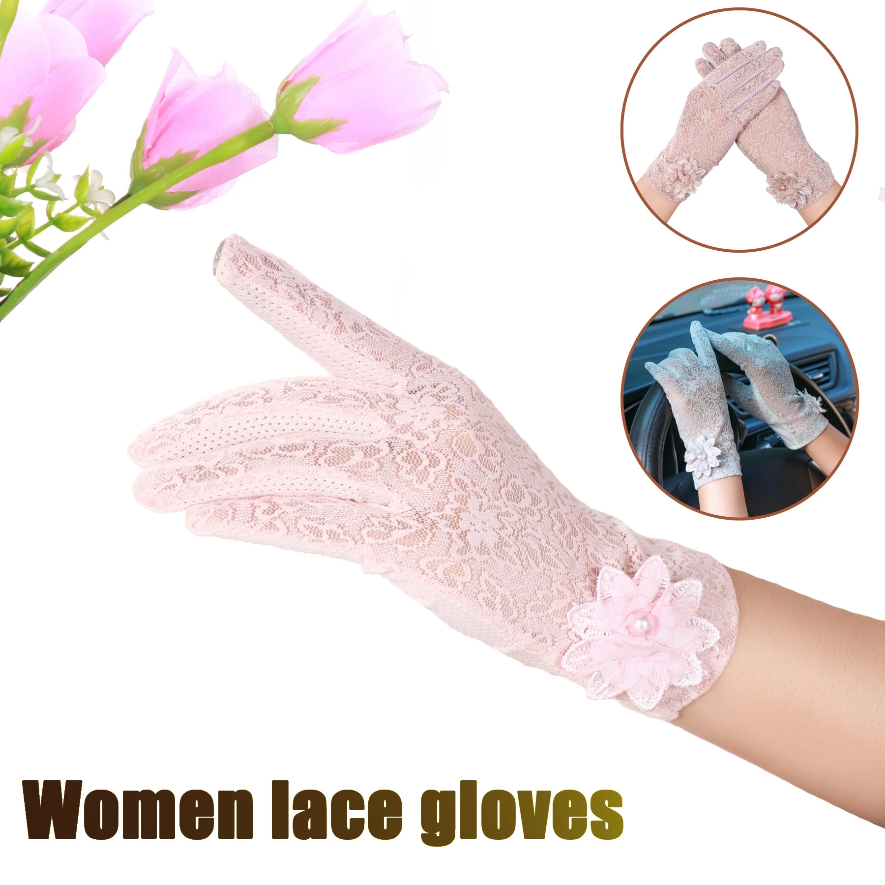 Rimiut Fashion Lace Flower Women Gloves Breathable Wedding or Driving Decor Gloves for Women Female Waiter Gloves Touch Screen