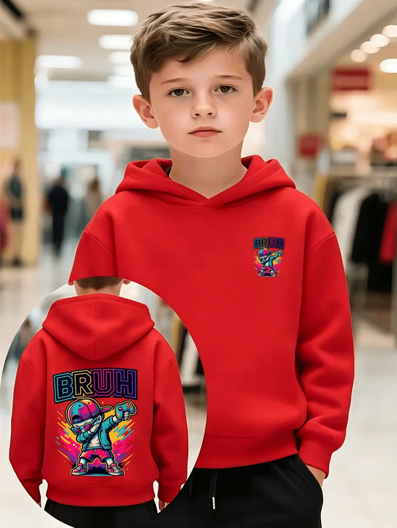 Kids BRUH Gamer Boy Cartoon Graphic Hoodie Boys Girls Front Logo & Back Big Print Unisex Loose Autumn Winter Hooded Sweatshirt