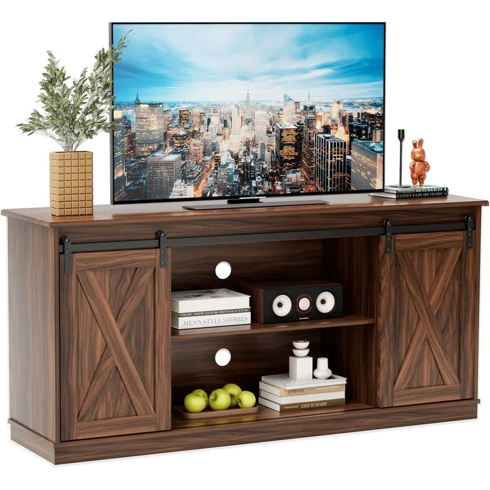armhouse TV Stand 65 Inch or Living Room Bedroom Brown, Tall Entertainment Center with Storage Shelves, Media ole Cabinet with W