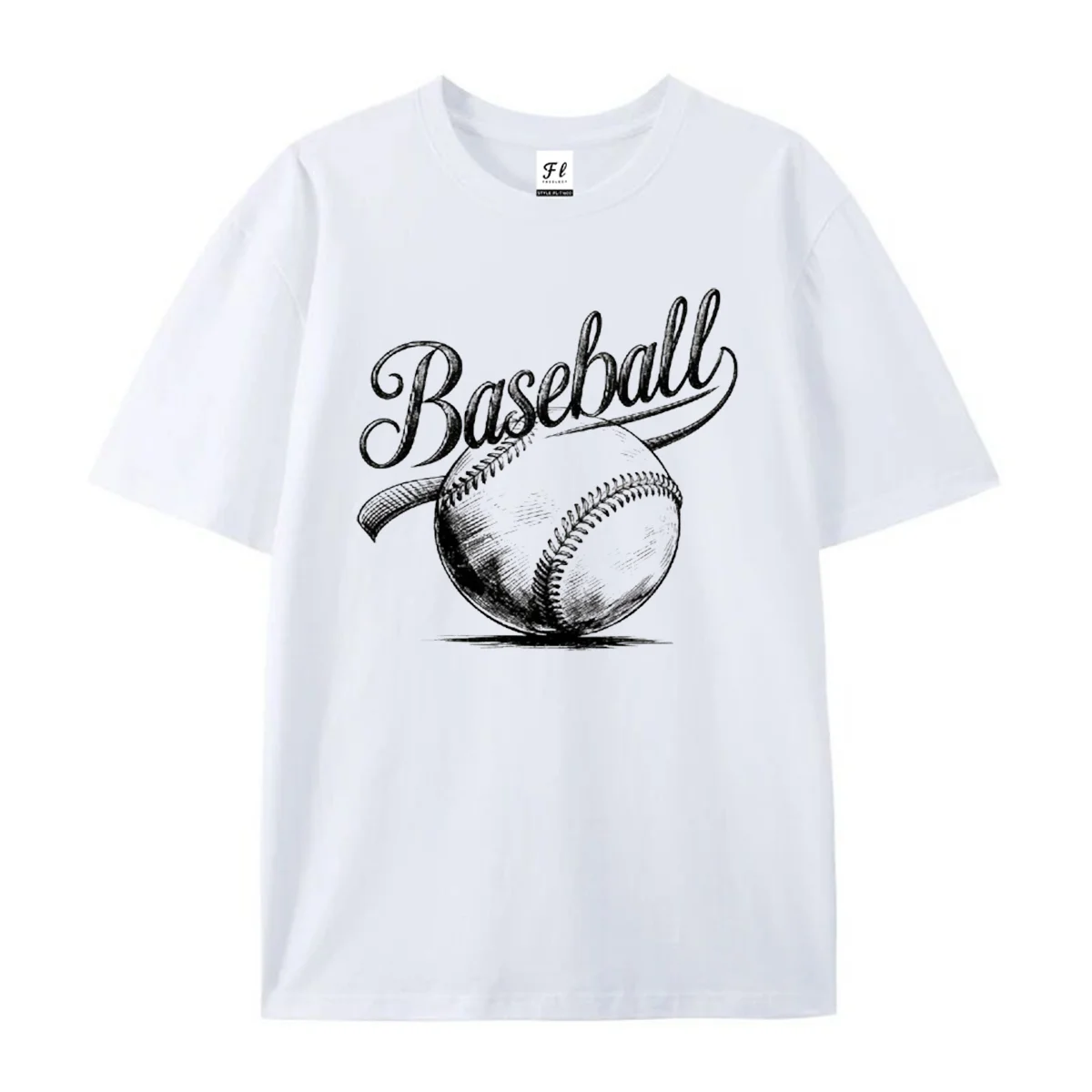 Vintage Baseball Sketch Graphic T Shirt Retro Cursive Baseball Text And Ball Drawing Tee Baseball Fan Sports Lover Daily Tees