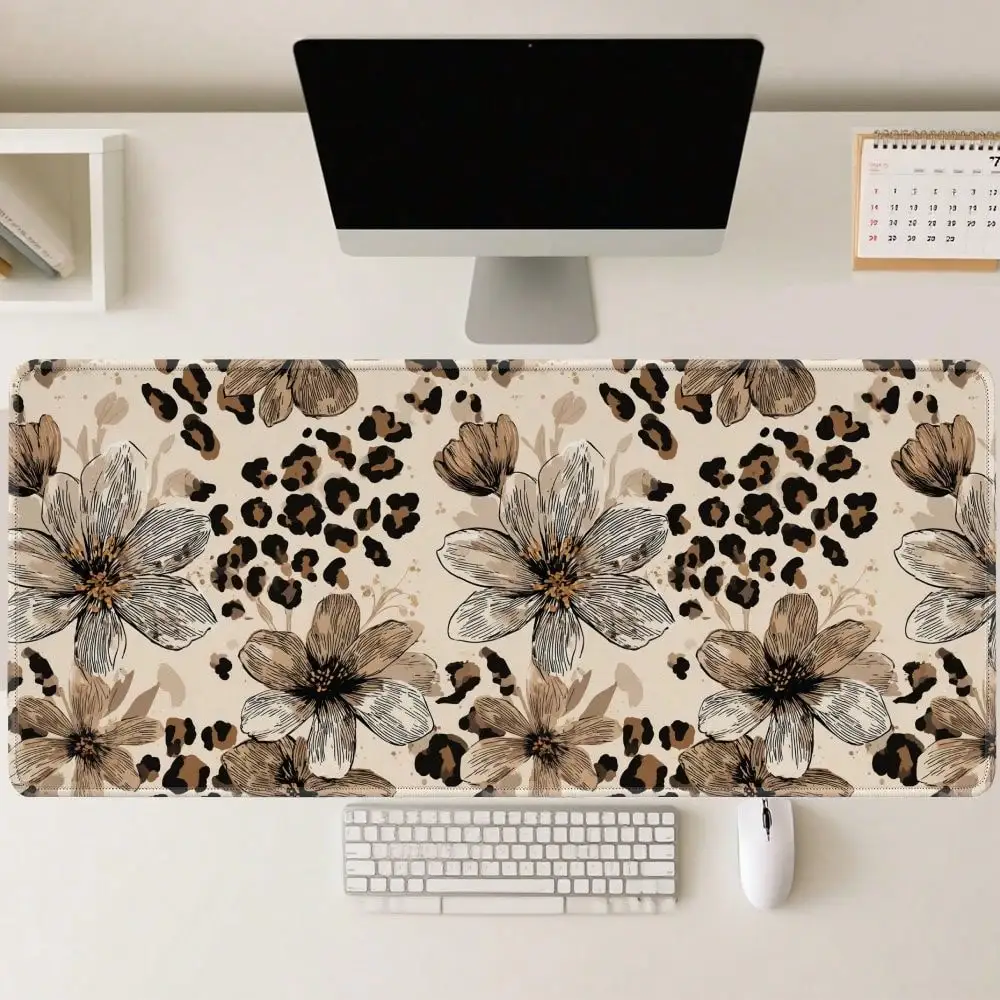 Gaming Desk Mat & Mouse Pad XL Large, Hand-Drawn Brown Floral Leopard Print With Animal Motifs, Non-Slip Rubber Base, Washable Surface, Thick Cushioning