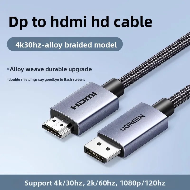 UGREEN DisplayPort to HD-MI Cable 4K30Hz HDR Active DP 1.2 ToHDMI 2.0 Cord Aluminum Braided Uni-Directional DP ToHDMI Converter