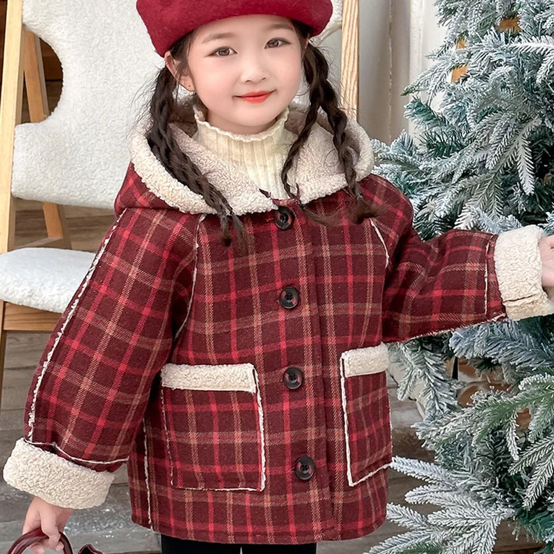 Girls' Thicken Jacket 2025 New Winter Clothing Children's Clothing Girls' Winter Thick Clothes Children's Checkered Coat Trendy