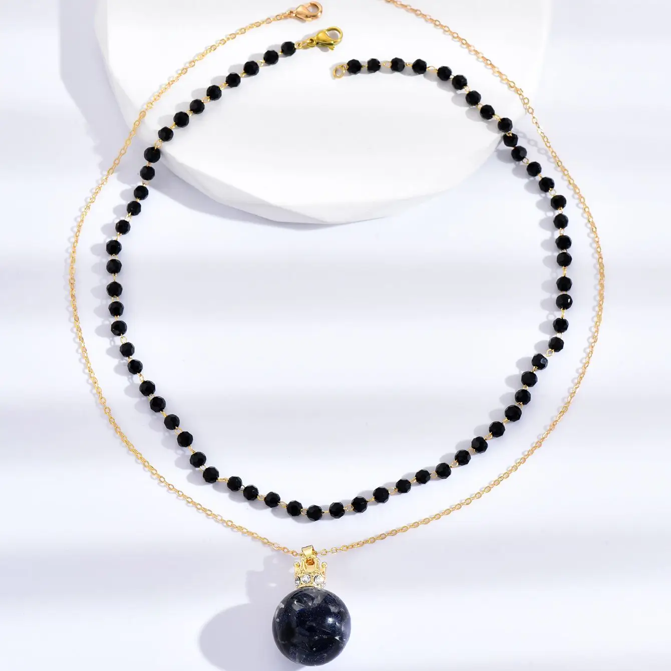 New Hot sale Natural Stone Real Gold Chain Water Point Black Double Layer Necklace (Black Bead Chain Length 40cm)