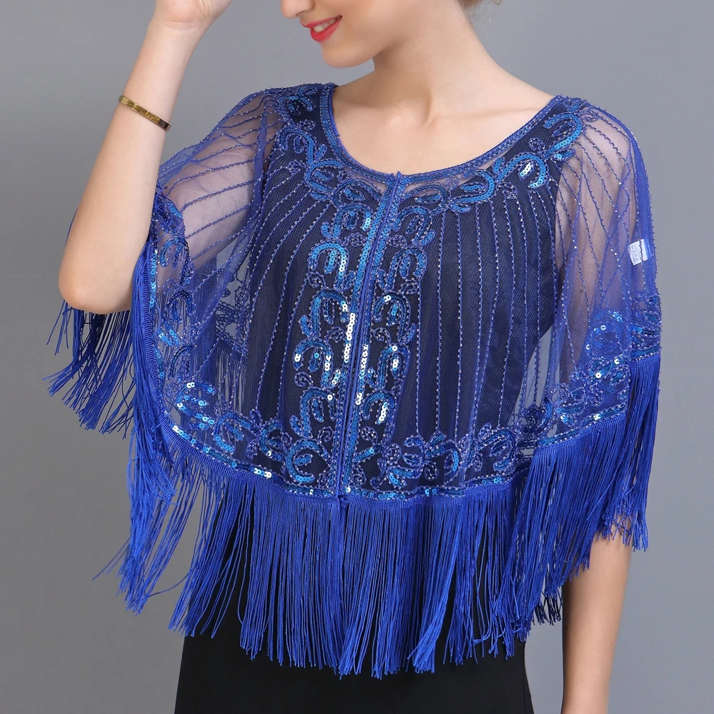 1920s Shawl Wraps Embellished Beaded Sequin Fringe Evening Cape Sheer Mesh Bridal Shawl Cover Up for Wedding Party Black Blue