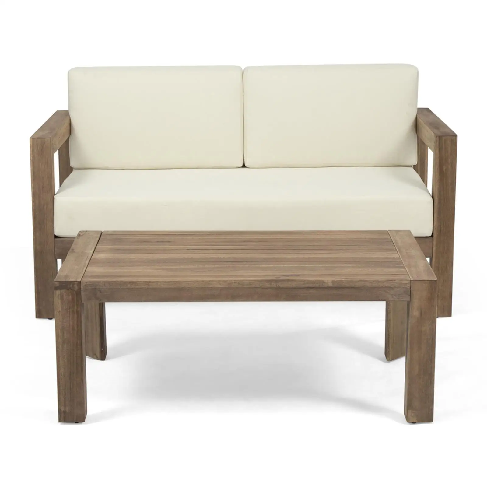 Juego de muebles para Patio exterior, sofá de dos plazas moderno de madera de Acacia con mesa de centro, sofá de espacio pequeño para terraza y salón