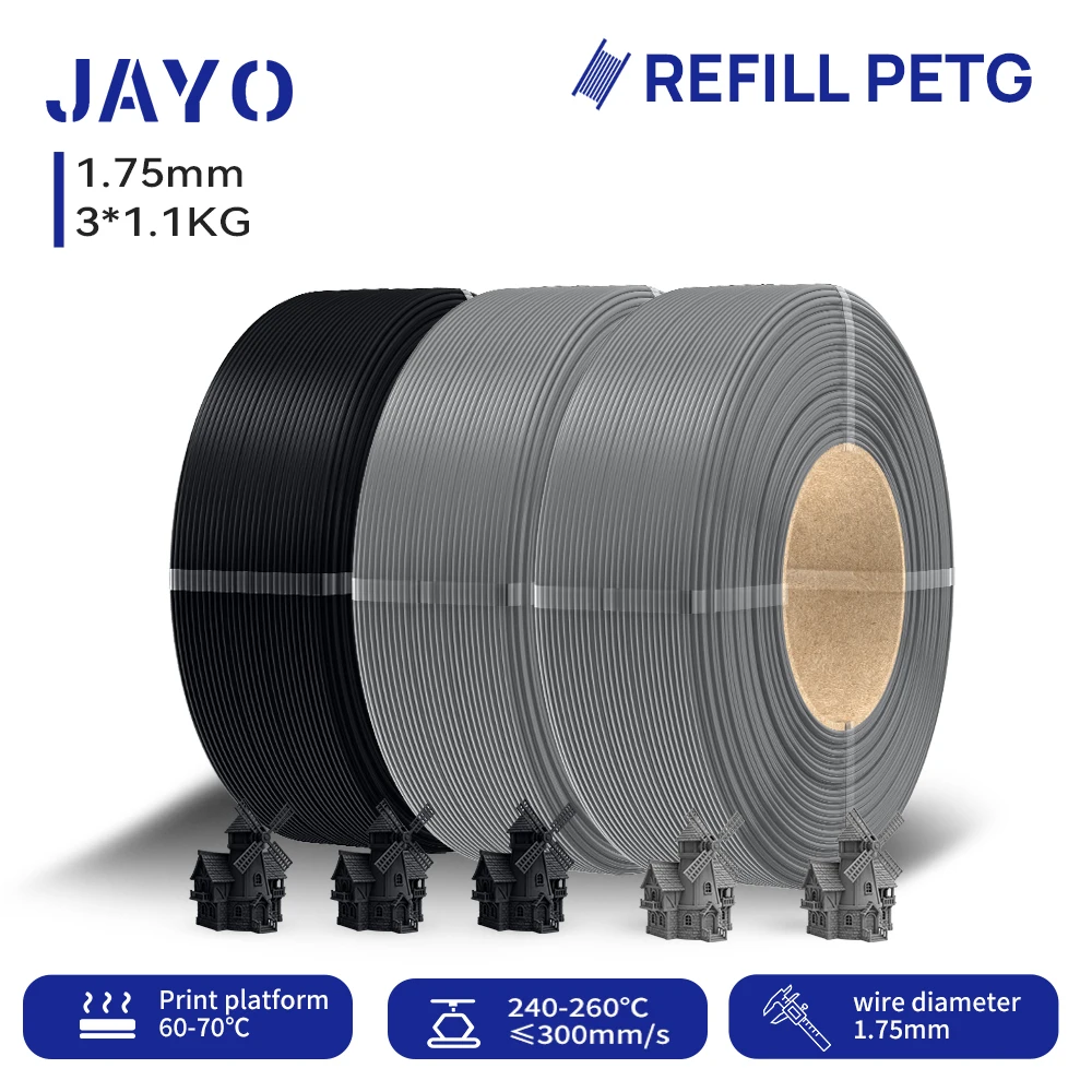 JAYO 3,3KG Nachfüll-PETG-Filament 1,75mm Nachfüll-3D-Drucker-Filament geeignet für Bambu Lab Filament & ungiftige wiederverwendbare Spulen 1,1KG/Rolle