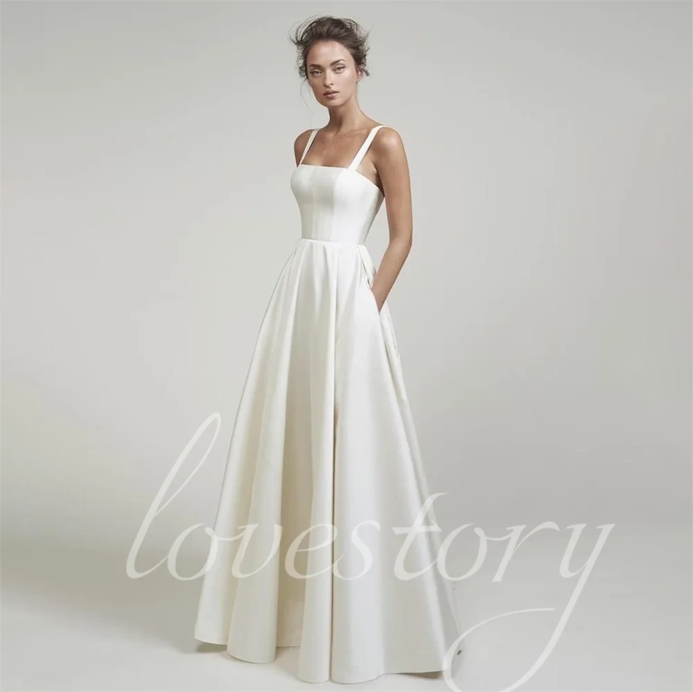 Elegant A Line Satin Wedding Dresses With Pockets Sexy Openback Bridal Gowns Women Floor Length Bride Robes Vestidos De Novia