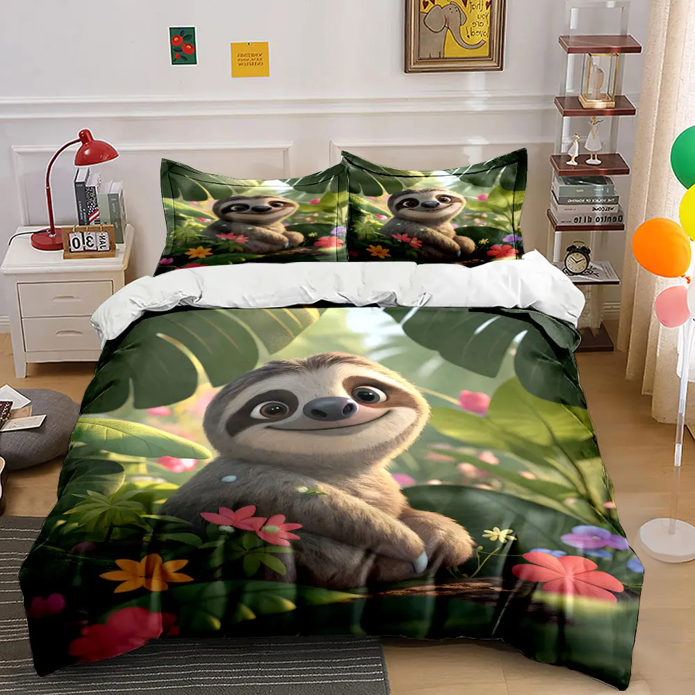Adorable smiling sloth with flowers Print Bedding Set 1 Duvet Cover 2 Pillowcases for Adult and Children Luxury Gift Full Size
