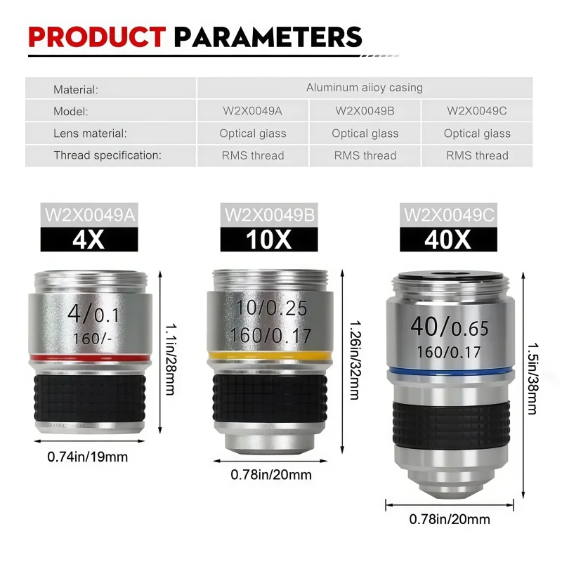 4X 10X 40X Microscope Objective Lens Set RMS Thread Aluminum Alloy 185 Series Objective for Student Hobbyist Lab Microscope