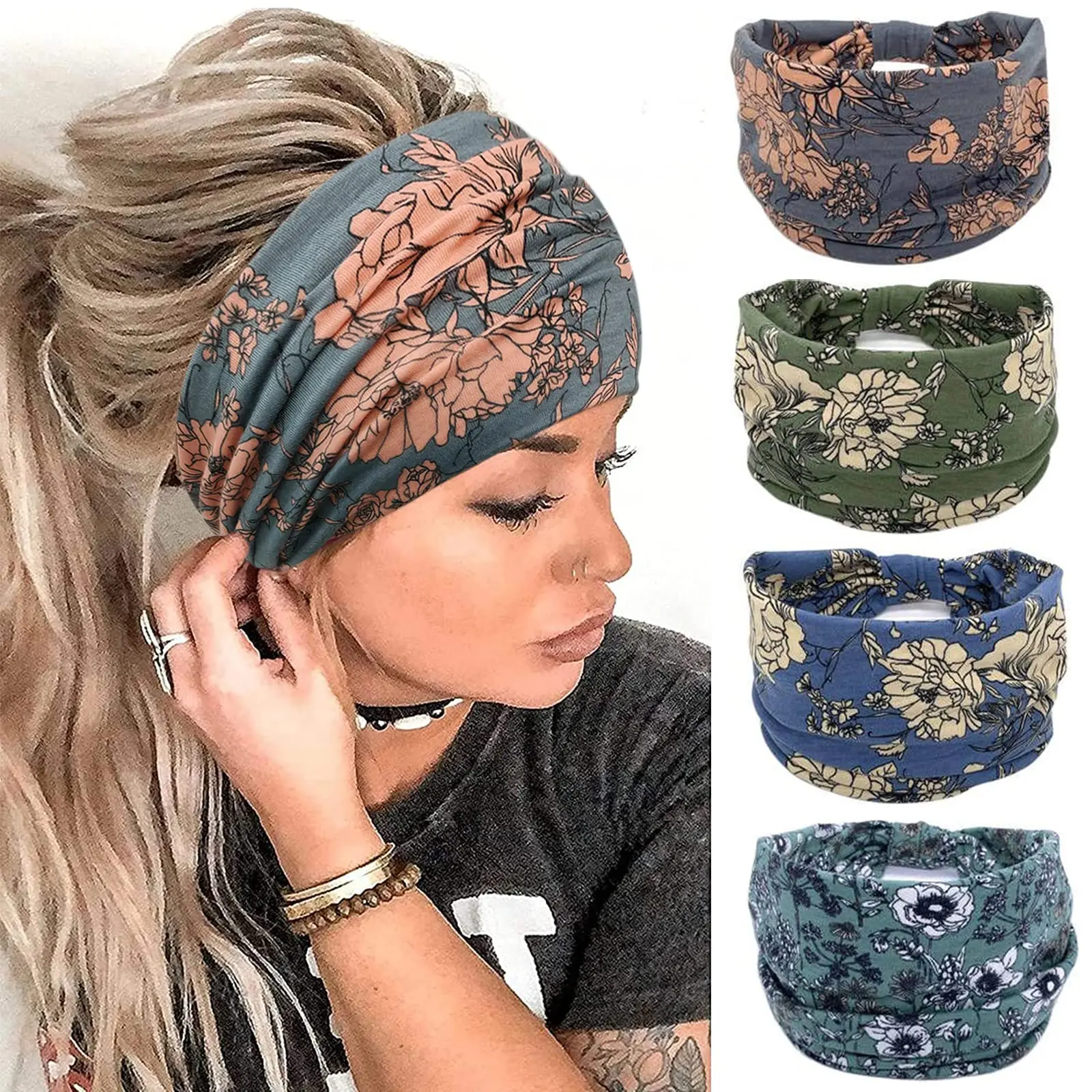 Boho Headbands for Women Cotton Wide Head Bands Stretch Hairband Non Slip Workout Yoga Running Turban Headwrap Hair Accessories