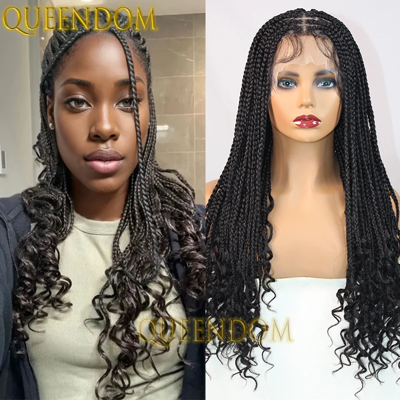 Synthetic Box Braid Wig 24 Inch Cornrow Plaits Distressed Braided Wig for Black Women Full Lace French Curl Faux Locs Braids Wig