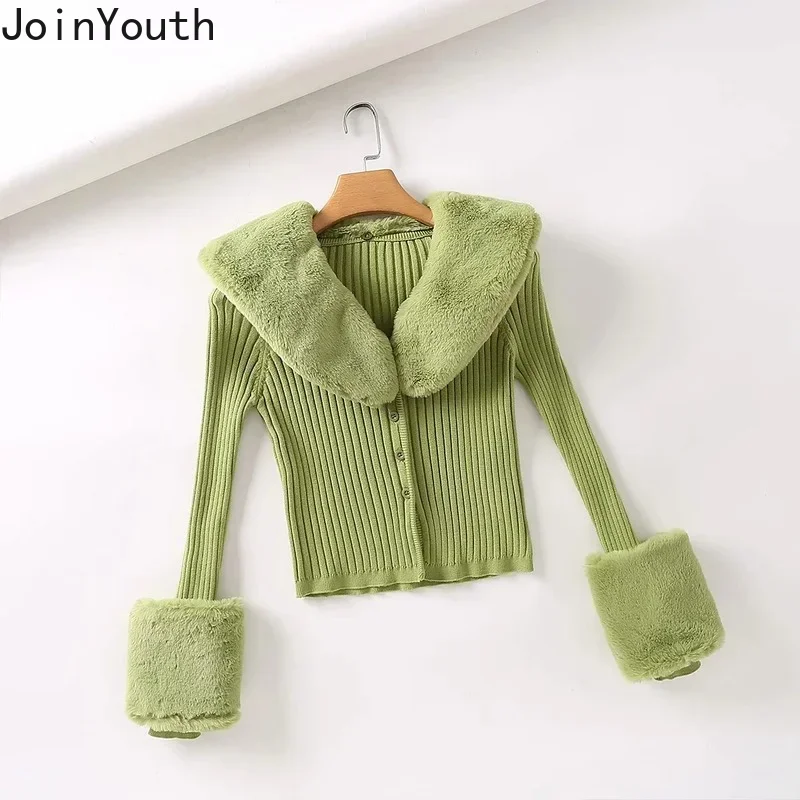 Joinyouth Cropped Cardigan Coat Pull Femme Korean Clothing Vintage Knitted Sweater Women Chic Fur Collar Temperament Sueter Tops