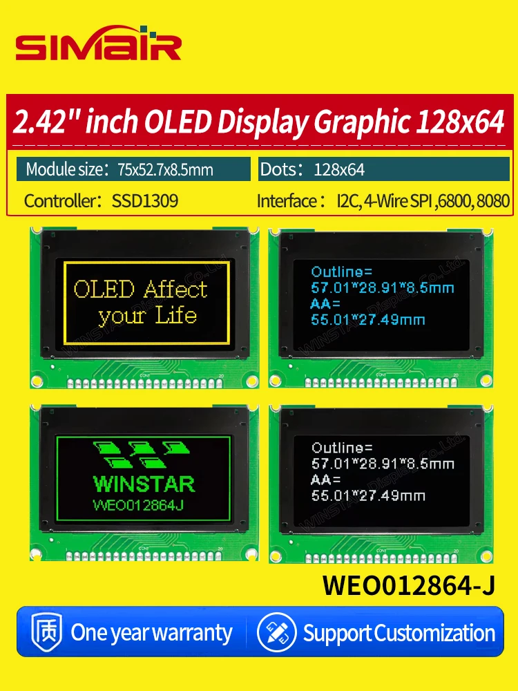 Winstar WEO012864J 20PIN COG SPI/I2C/6800/8080 SSD1309 3V 2.42 inch OLED Display Graphic 2.42