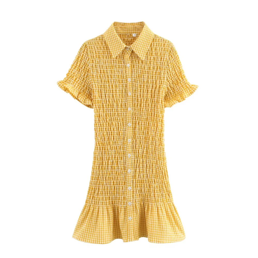 

2025 BM MD ZA Women's Short - sleeve Yellow Gingham Shirt Dress with Ruffled Hem and Smocked Detail Cute and Trendy Summer Look