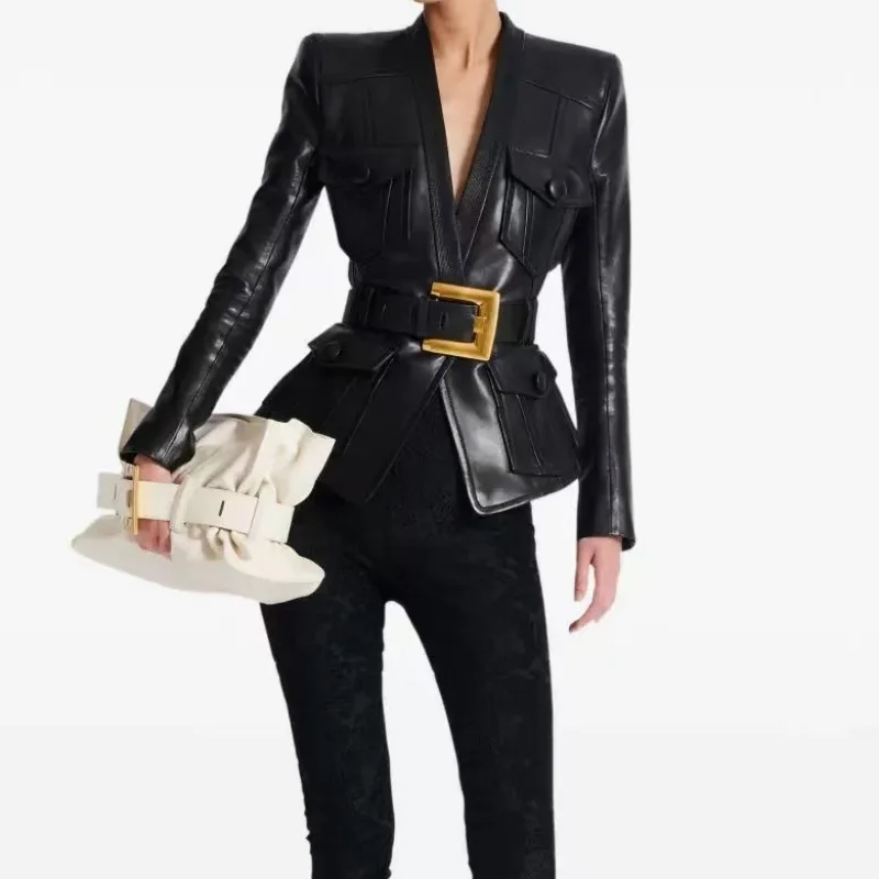 Veste d'automne en cuir PU pour femmes, col en v, taille haute, à lacets, y2k, haute qualité, à la mode, rétro, pour moto