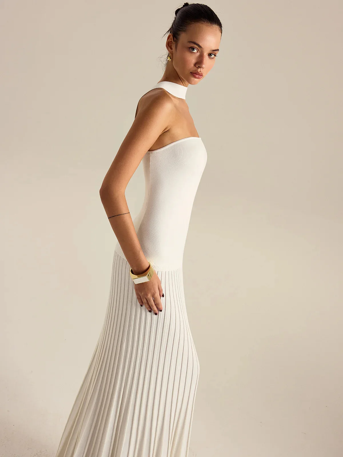 Neue Frühjahrskollektion 2026: Elegantes Trägerloses Abendkleid für Damen, Sexy Ärmelloses Rückenfreies Kleid mit Ausschnitten und Patchwork, Langes Maxikleid