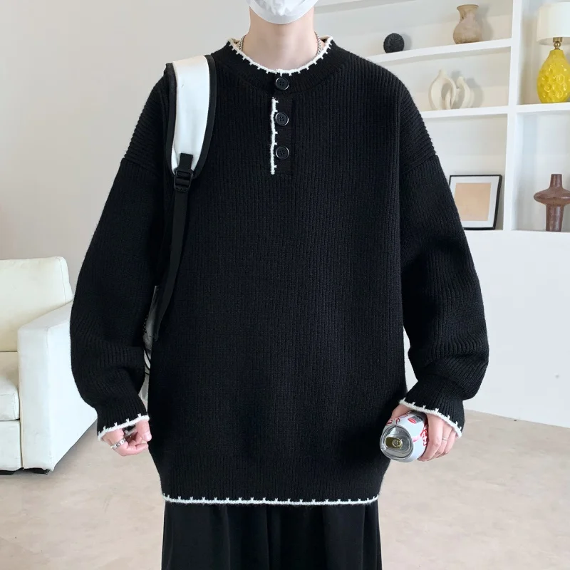 Men’s Oversized Black Knit Sweater, Casual Crewneck Pullover Jumper, Contrast Trim Long Sleeve Loose Fit Winter Sweater