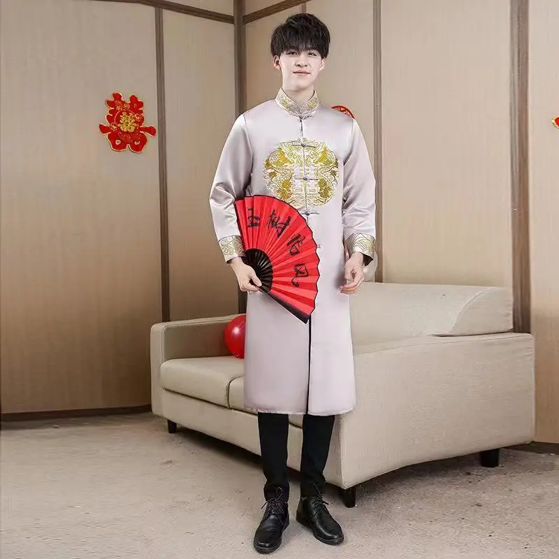 Blue Cheongsam Best Man Dress Tang Suit for Men Chinese Silk Button Embroidery Slit Chinese Style Wedding Dress