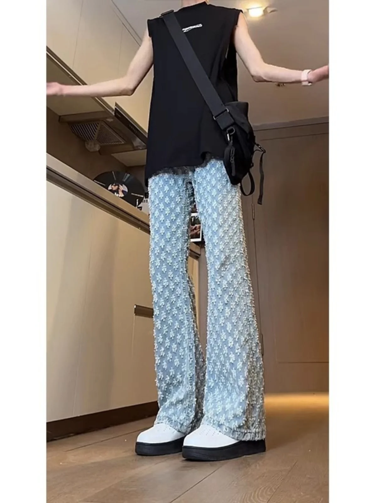 

Ootd Embroidered Design Men's Summer High Street Vibe Flared Jeans Straight Loose Long Trousers Casual mid Waist Denim Jeans