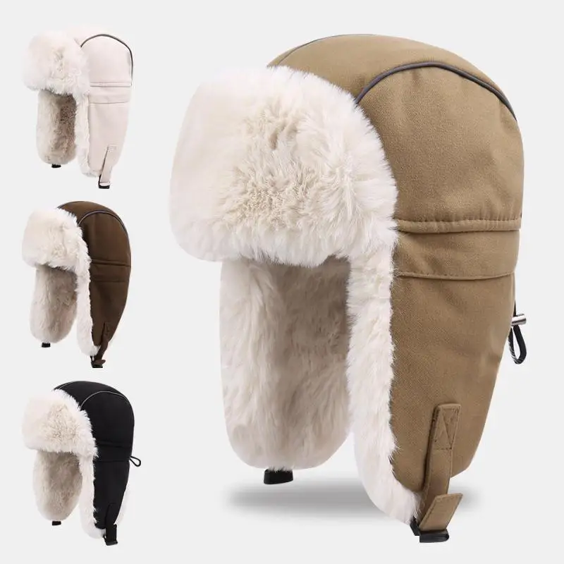 Vintage Bombermütze für Herren und Damen, Winter, verdickter Kunstpelz, hält warm, Ohrenschutz, kältebeständig, Mütze mit Ohrenklappe, winddicht