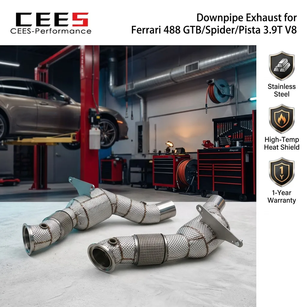 CEES Stainless Steel for Ferrari 488 GTB/Spider/Pista 3.9T V8 2015-2019 100/200/300 Cell Downpipe Cat Exhaust Pipe